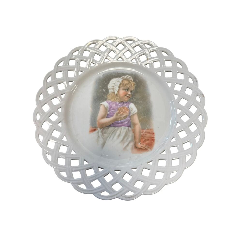 Hand painted portrait / Porcelain plate /little girl with basket / vintage / EUC